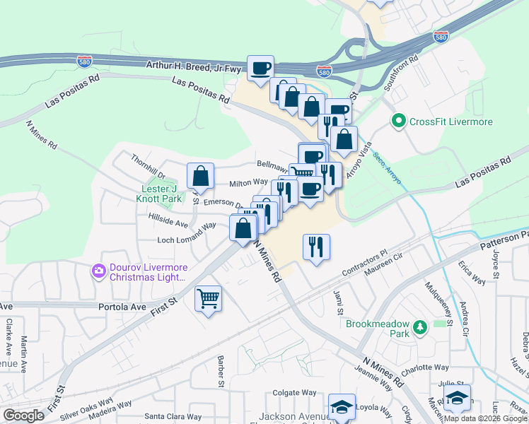 map of restaurants, bars, coffee shops, grocery stores, and more near 635 Eliot Drive in Livermore