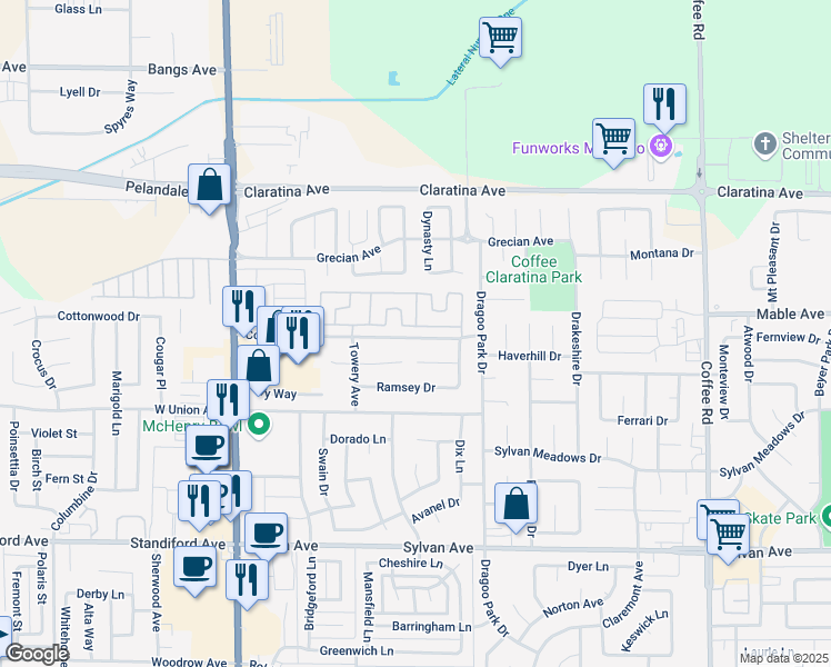 map of restaurants, bars, coffee shops, grocery stores, and more near 605 Wendy Court in Modesto