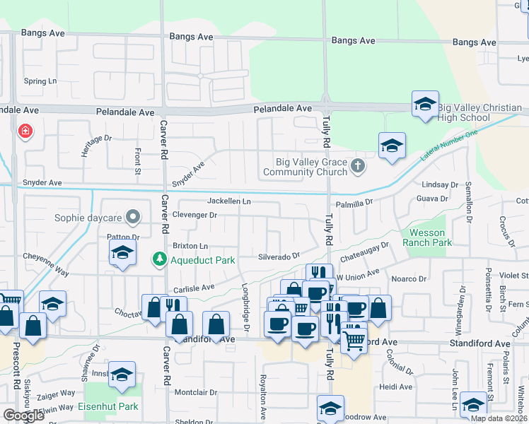 map of restaurants, bars, coffee shops, grocery stores, and more near 1413 Clevenger Drive in Modesto