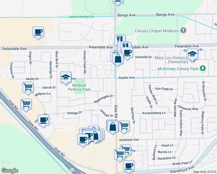 map of restaurants, bars, coffee shops, grocery stores, and more near 3941 Dale Road in Modesto