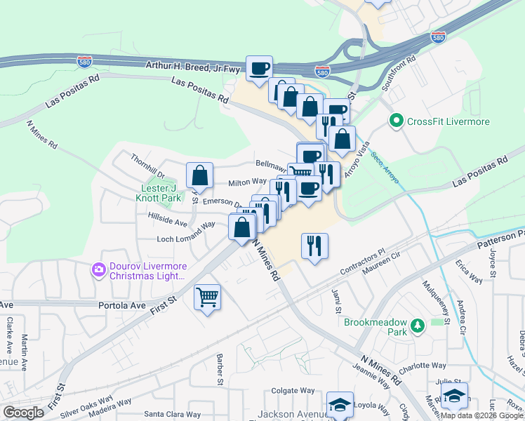 map of restaurants, bars, coffee shops, grocery stores, and more near 635 Eliot Drive in Livermore