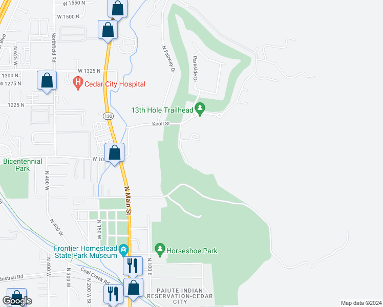 map of restaurants, bars, coffee shops, grocery stores, and more near 1044 N Hovi Hills Drive in Cedar City