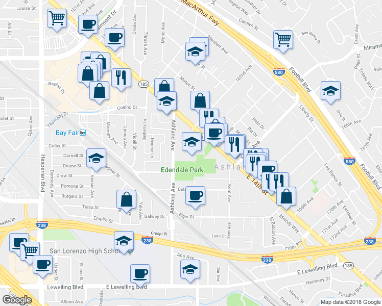 map of restaurants, bars, coffee shops, grocery stores, and more near 16160 Ashland Avenue in San Lorenzo