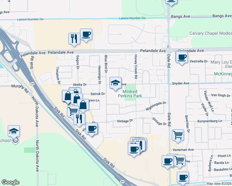 map of restaurants, bars, coffee shops, grocery stores, and more near 3920 Blue Bird Drive in Modesto