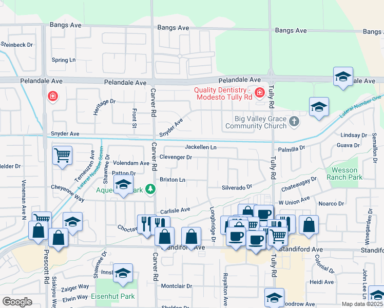 map of restaurants, bars, coffee shops, grocery stores, and more near 1521 Clevenger Drive in Modesto