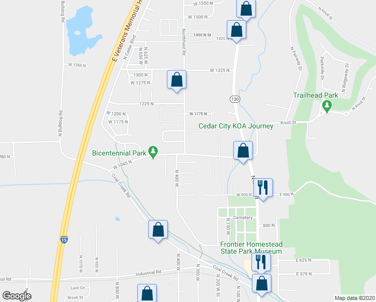map of restaurants, bars, coffee shops, grocery stores, and more near 1030 North 400 West in Cedar City