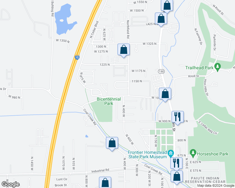 map of restaurants, bars, coffee shops, grocery stores, and more near 1023 Ironwood Circle in Cedar City
