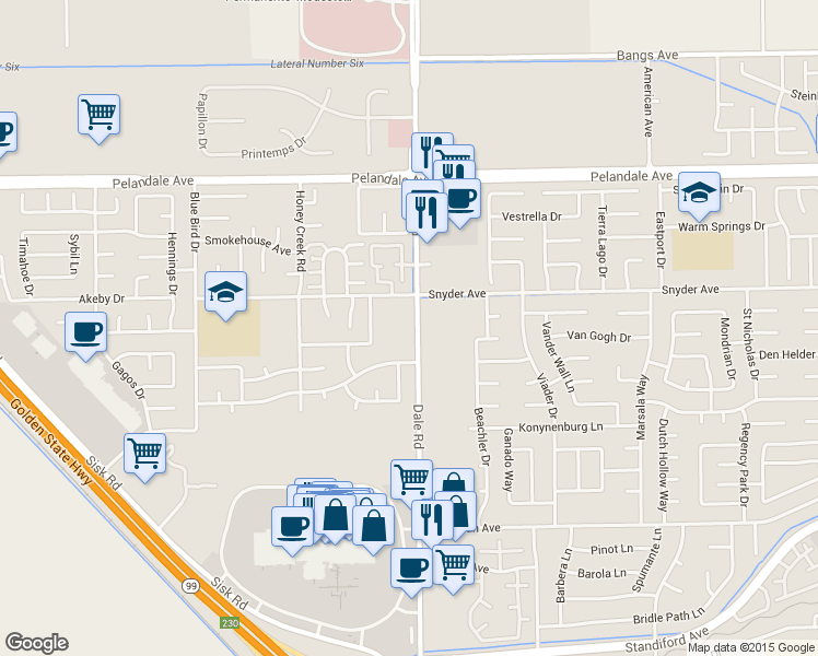 map of restaurants, bars, coffee shops, grocery stores, and more near 3929 Dale Road in Modesto