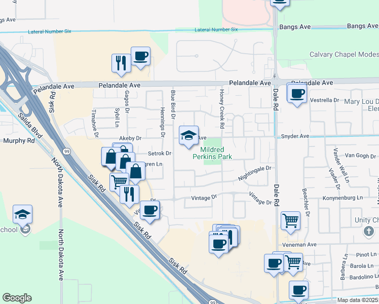 map of restaurants, bars, coffee shops, grocery stores, and more near 3920 Blue Bird Drive in Modesto