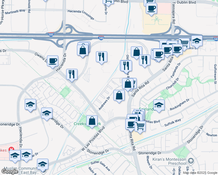 map of restaurants, bars, coffee shops, grocery stores, and more near 3620 Andrews Drive in Pleasanton