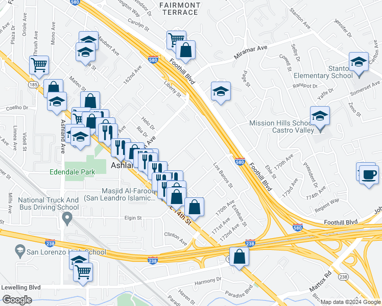map of restaurants, bars, coffee shops, grocery stores, and more near 1570 166th Avenue in San Leandro