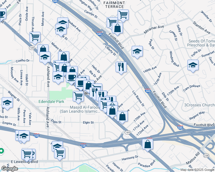 map of restaurants, bars, coffee shops, grocery stores, and more near 1493 165th Avenue in San Leandro