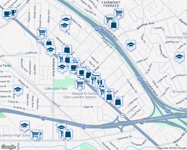 map of restaurants, bars, coffee shops, grocery stores, and more near 1414 164th Avenue in San Leandro