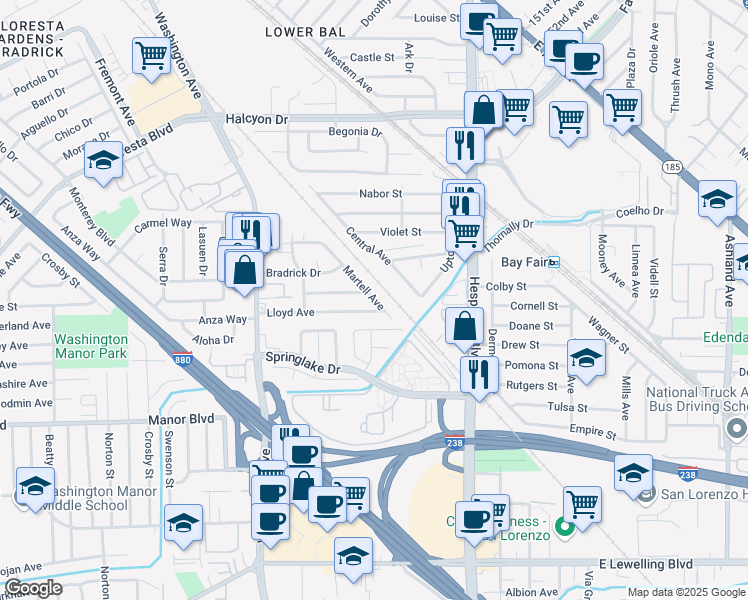 map of restaurants, bars, coffee shops, grocery stores, and more near 478 Lloyd Avenue in San Leandro