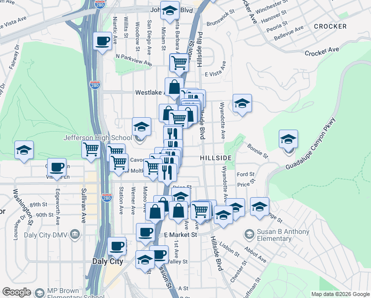map of restaurants, bars, coffee shops, grocery stores, and more near 50 East Cavour Street in Daly City