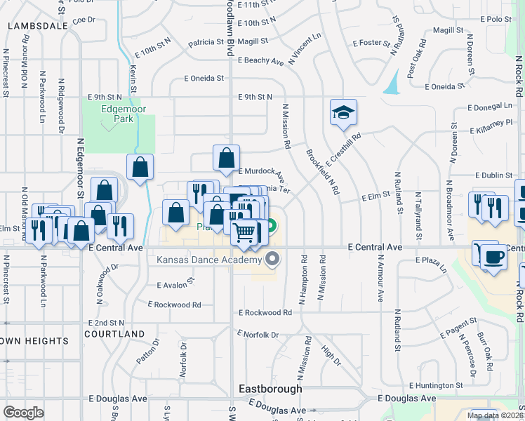 map of restaurants, bars, coffee shops, grocery stores, and more near 6564 Central Avenue in Wichita