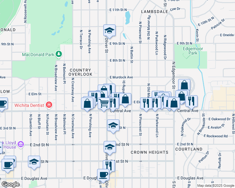 map of restaurants, bars, coffee shops, grocery stores, and more near 619 North Glendale Street in Wichita