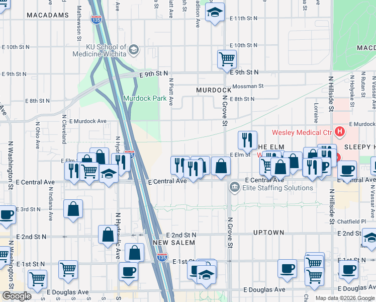 map of restaurants, bars, coffee shops, grocery stores, and more near 545 North Madison Avenue in Wichita