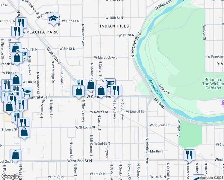 map of restaurants, bars, coffee shops, grocery stores, and more near 2940 W Central Ave in Wichita