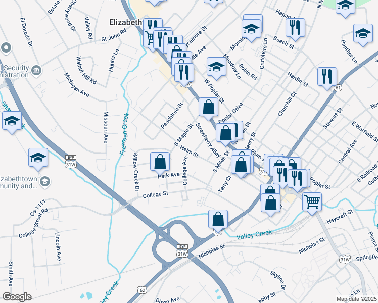 map of restaurants, bars, coffee shops, grocery stores, and more near 299 College Ave in Elizabethtown