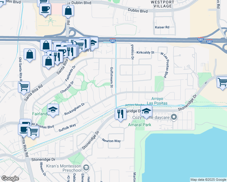 map of restaurants, bars, coffee shops, grocery stores, and more near 3135 Gulfstream Street in Pleasanton