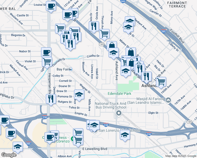 map of restaurants, bars, coffee shops, grocery stores, and more near 757 Videll Street in San Lorenzo