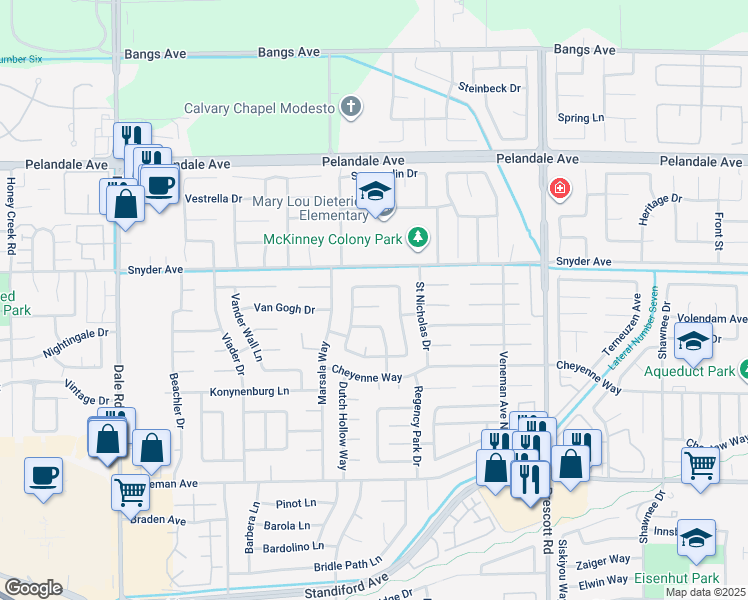 map of restaurants, bars, coffee shops, grocery stores, and more near 2409 Frans Hals Circle in Modesto