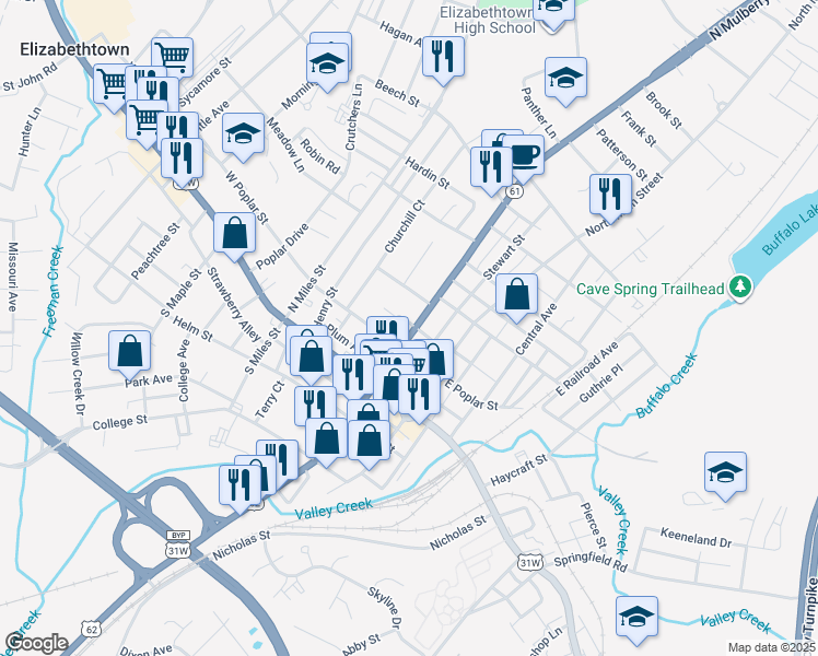 map of restaurants, bars, coffee shops, grocery stores, and more near 200 West Poplar Street in Elizabethtown