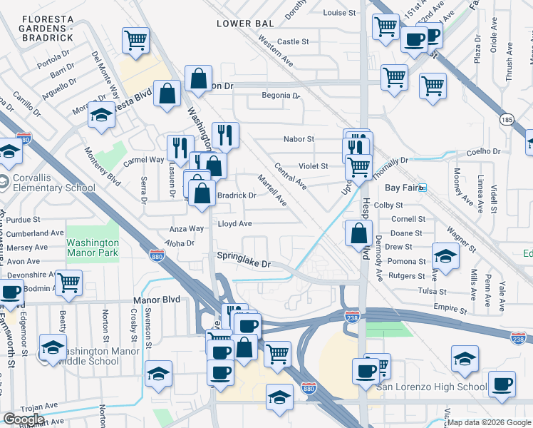 map of restaurants, bars, coffee shops, grocery stores, and more near 448 Linnell Avenue in San Leandro