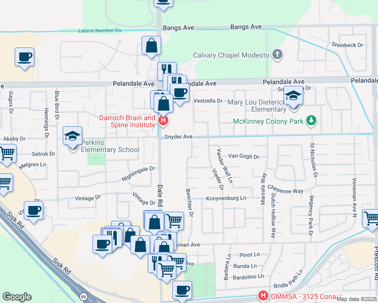 map of restaurants, bars, coffee shops, grocery stores, and more near 3905 Alessandro Lane in Modesto