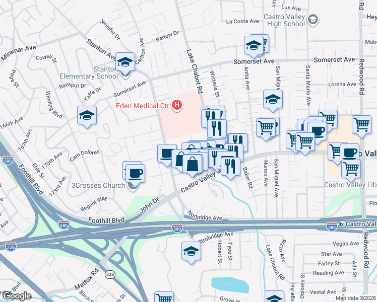 map of restaurants, bars, coffee shops, grocery stores, and more near 2646 Renton Way in Castro Valley