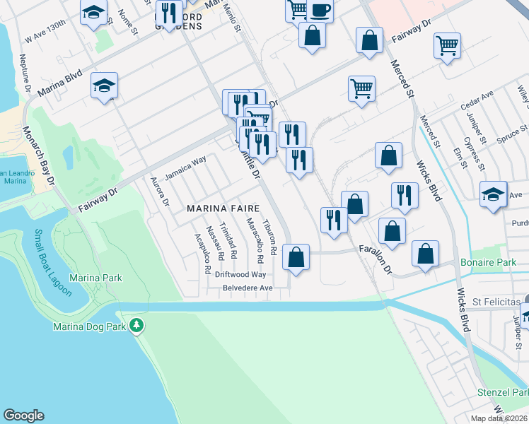 map of restaurants, bars, coffee shops, grocery stores, and more near 14283 Tiburon Road in San Leandro