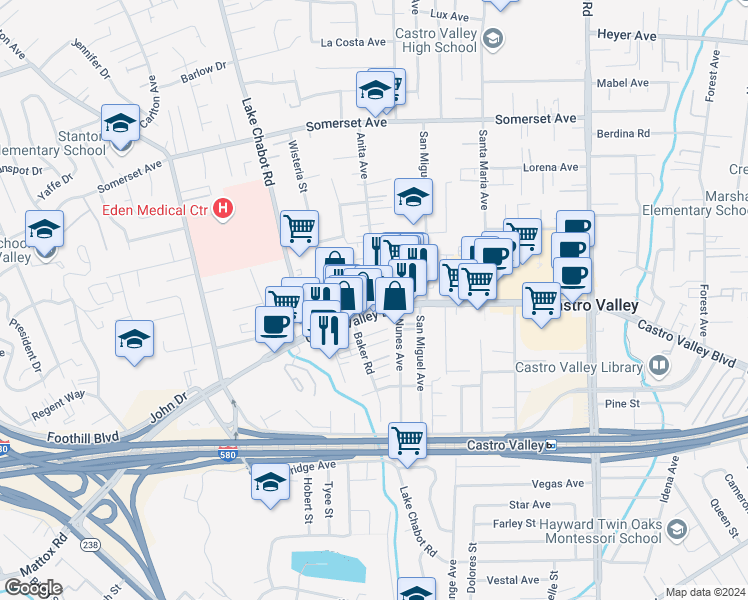 map of restaurants, bars, coffee shops, grocery stores, and more near 20535 Anita Avenue in Castro Valley