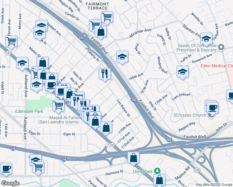 map of restaurants, bars, coffee shops, grocery stores, and more near 16698 Los Banos Street in San Leandro
