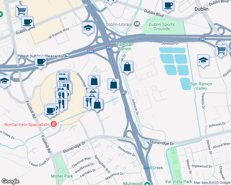 map of restaurants, bars, coffee shops, grocery stores, and more near 6220 Stoneridge Mall Road in Pleasanton