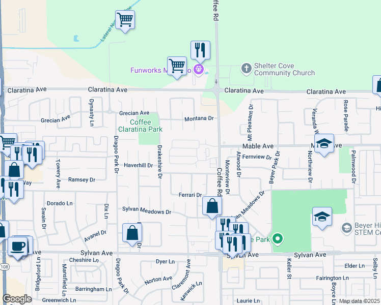 map of restaurants, bars, coffee shops, grocery stores, and more near 1105 Grand Prix Drive in Modesto