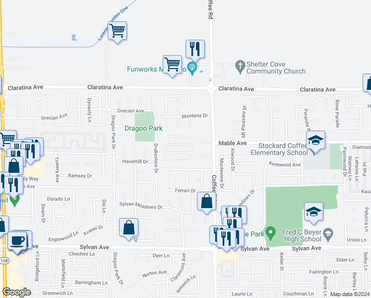map of restaurants, bars, coffee shops, grocery stores, and more near 1105 Grand Prix Drive in Modesto