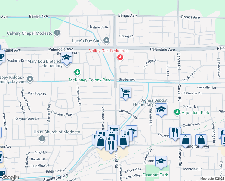 map of restaurants, bars, coffee shops, grocery stores, and more near 2101 Ottawa Court in Modesto