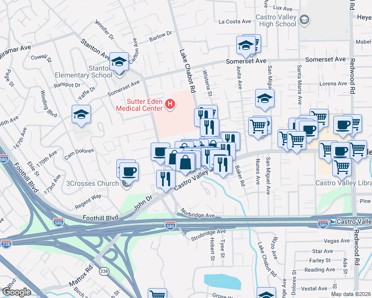 map of restaurants, bars, coffee shops, grocery stores, and more near 20679 Park Way in Castro Valley