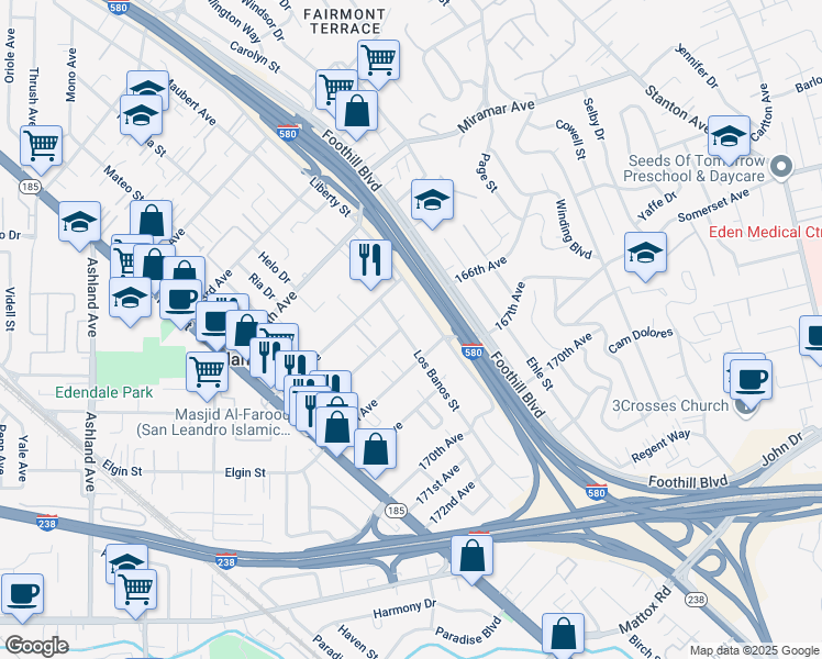map of restaurants, bars, coffee shops, grocery stores, and more near 16698 Los Banos Street in San Leandro