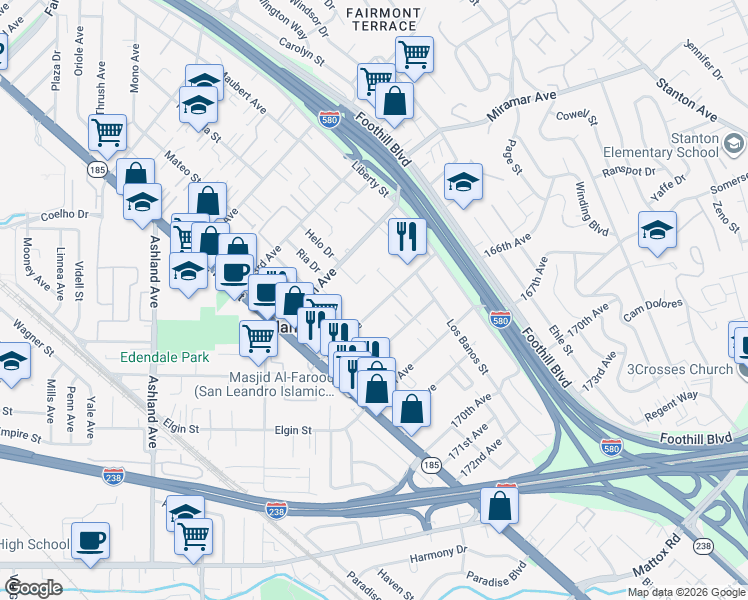 map of restaurants, bars, coffee shops, grocery stores, and more near 1530 165th Avenue in San Leandro