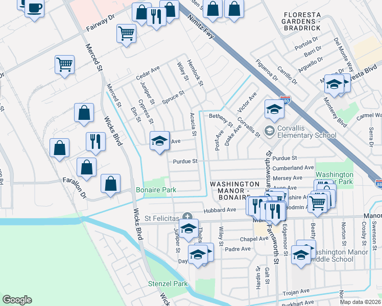 map of restaurants, bars, coffee shops, grocery stores, and more near 1550 Purdue Street in San Leandro