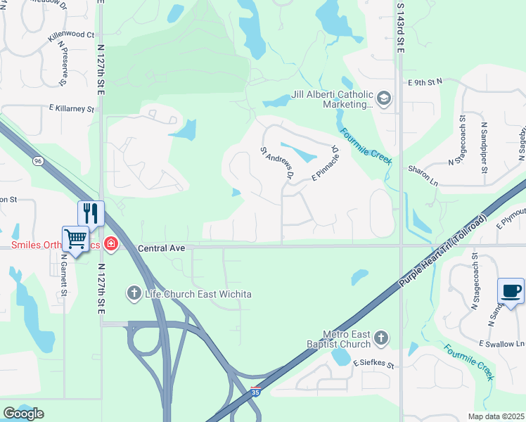 map of restaurants, bars, coffee shops, grocery stores, and more near 537 North Saint Andrews Drive in Wichita