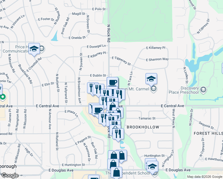 map of restaurants, bars, coffee shops, grocery stores, and more near 8080 East Central Avenue in Wichita