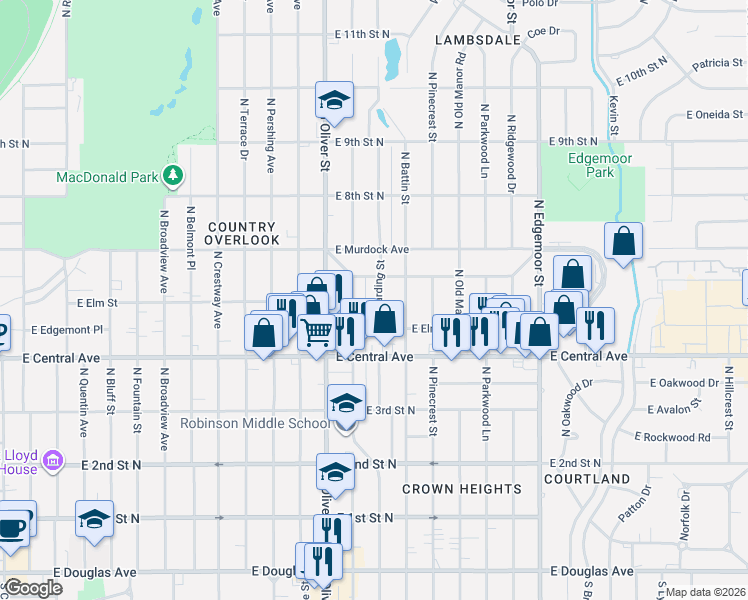map of restaurants, bars, coffee shops, grocery stores, and more near 610 Harding Street in Wichita