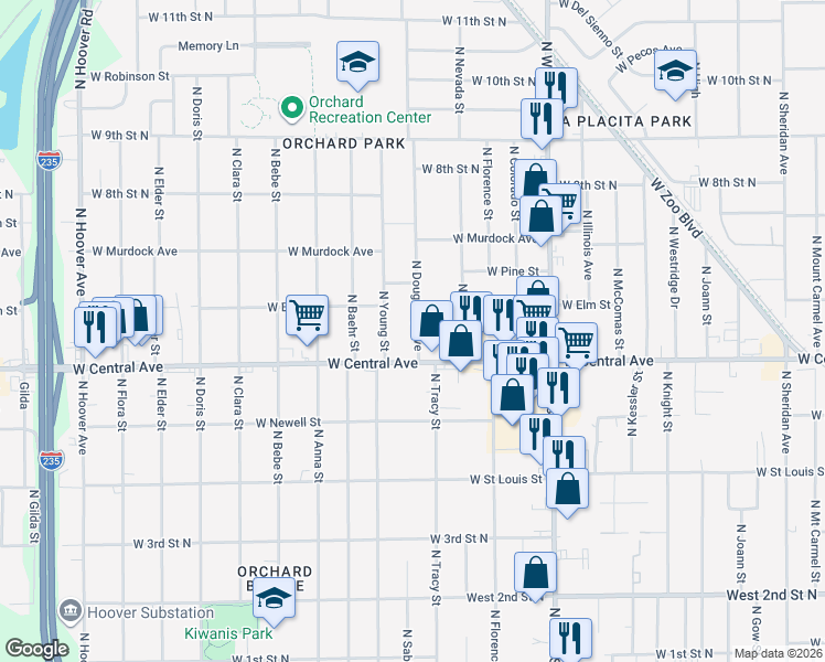 map of restaurants, bars, coffee shops, grocery stores, and more near 4500 West Central Avenue in Wichita