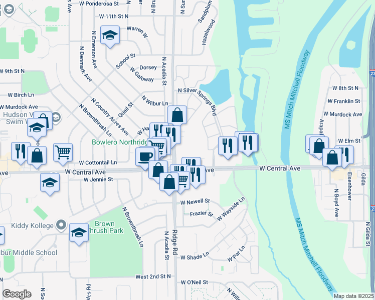 map of restaurants, bars, coffee shops, grocery stores, and more near 7110 West Central Avenue in Wichita