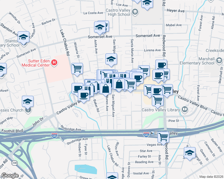 map of restaurants, bars, coffee shops, grocery stores, and more near 3056 Castro Valley Boulevard in Castro Valley
