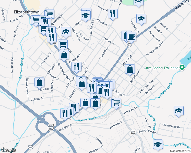 map of restaurants, bars, coffee shops, grocery stores, and more near 218 West Poplar Street in Elizabethtown