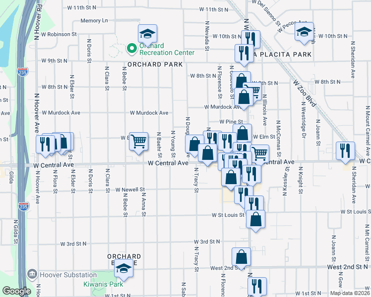 map of restaurants, bars, coffee shops, grocery stores, and more near 4500 West Central Avenue in Wichita